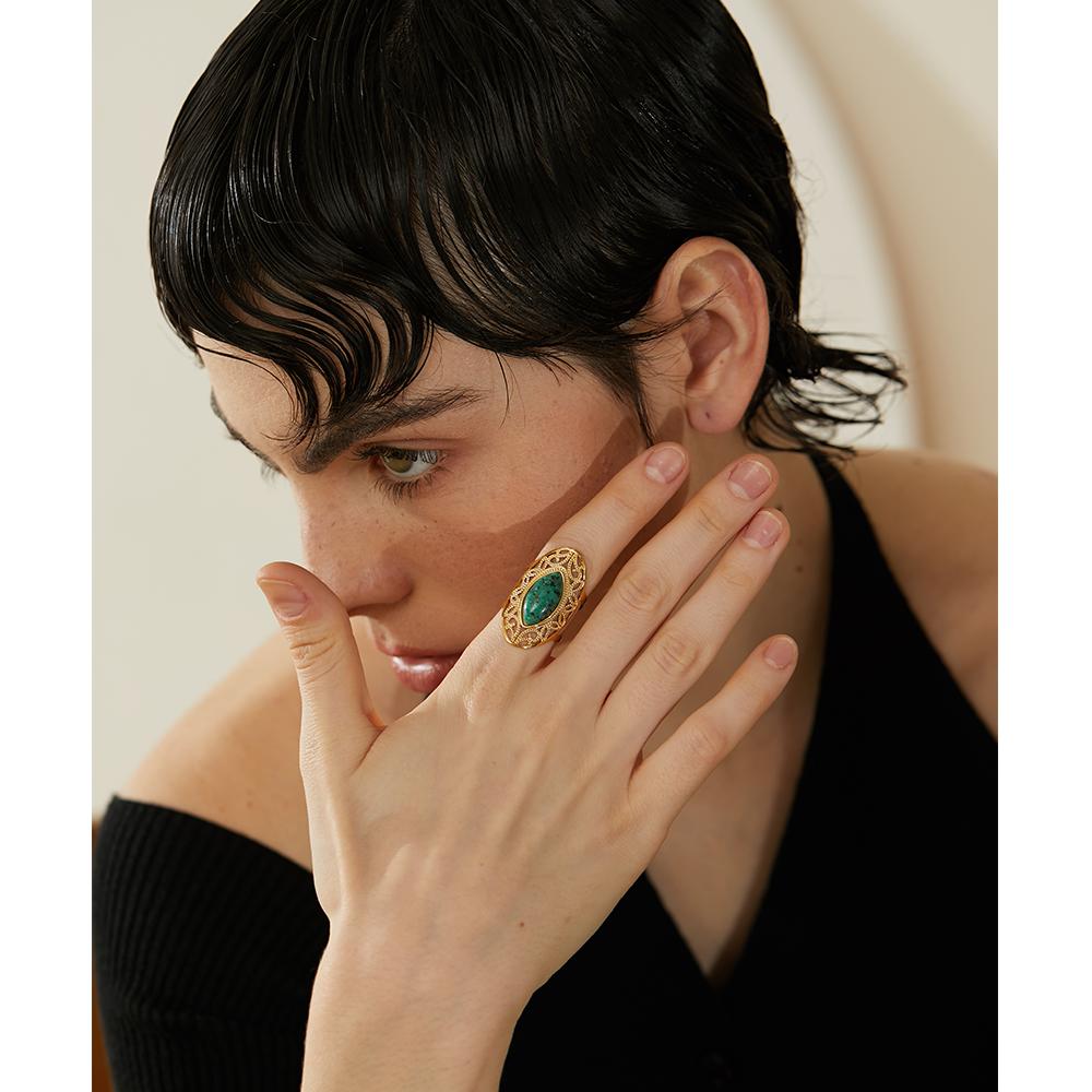 Yhpup Vintage Green Natural Stone Stainless Steel Open Ring Geometric Gold Color Stylish Hyperbolic Trendy Jewelry for Women