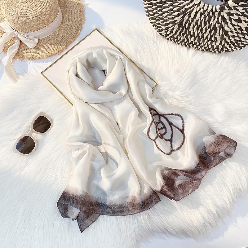 Silky  Scarf Color Contrast Satin Scarf Flower Printed Sunscreen Mid-length Scarf