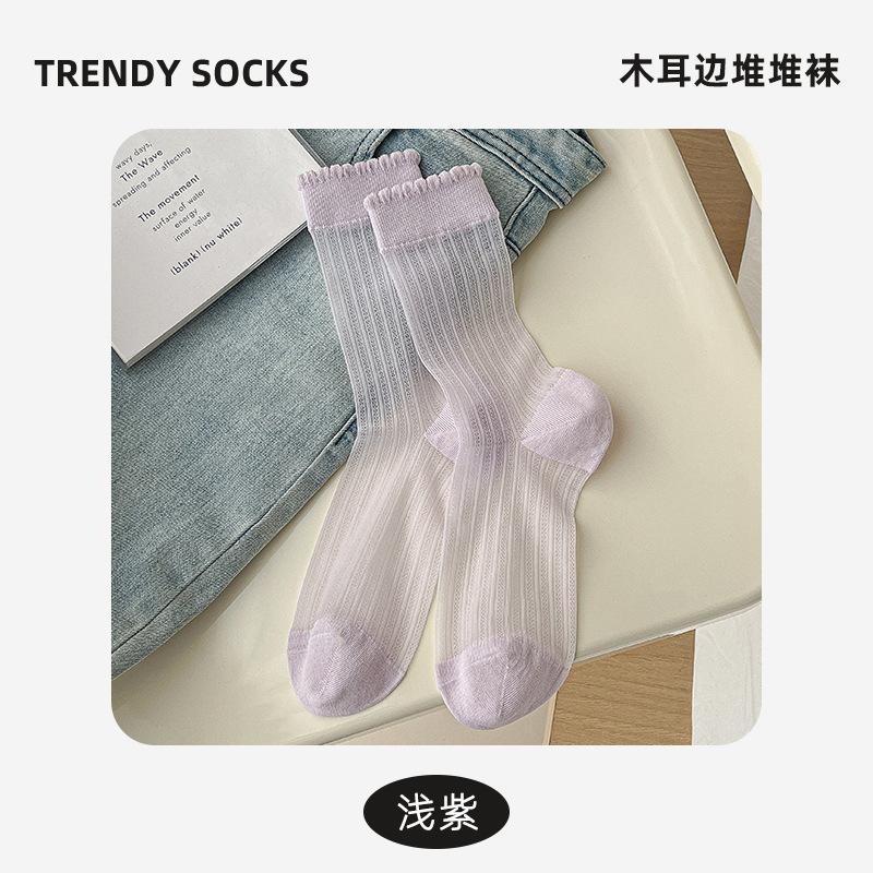 Socks Summer Thin Wood Ear Edge Lace Hollow Mesh Breathable Stacking Socks College Style Versatile Medium Tube Socks