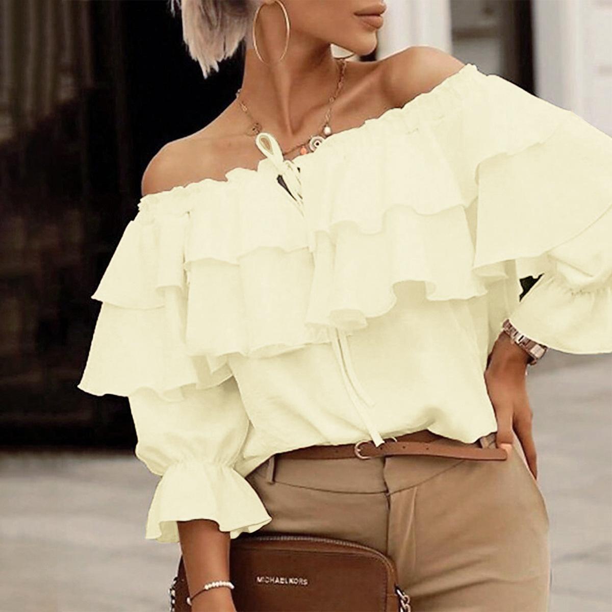 

Женский свободный топ на одно плечо с завязками и рукавами-фонариками, темперамент на осень и зиму L