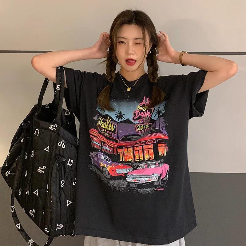Vintage Distressed American Style Short Sleeve T-Shirt Plus Size Women's Clothing Loose Fit Slimming Medium Length Shirt