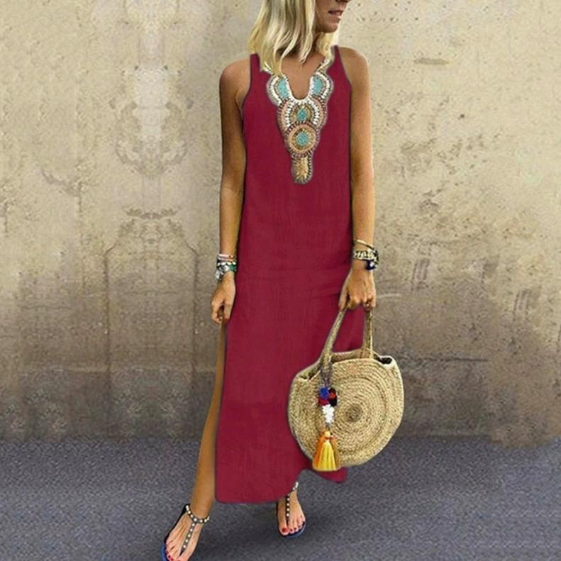 Codzienna Luźna Bawełniana Lniana Boho Seksowna Bez Rękawów Głęboki Dekolt V Rozcięcie z Boku Sukienka Wygodna Lekka Elegancka Wysoka Rozpoznawalność Wyszczuplający Krój