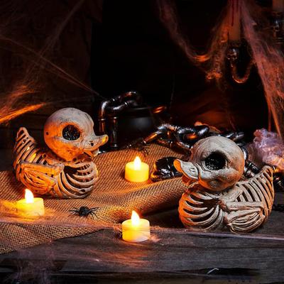 Halloween Skeleton Duck Figurine Spooky Bone Duck Resin Statue Sculpture Home Office Desktop Decoration Festival Party Ornament