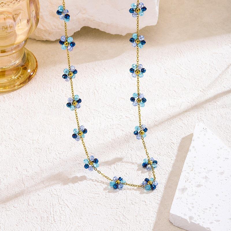 Handmade Bohemian Beaded Anklet & Necklace Set with Titanium Steel Chain and Glass Flower Beads for Girls