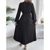 Autumn And Winter New Elegant Triple V-Neck Long Sleeved Waist Cinched Pleated Dress