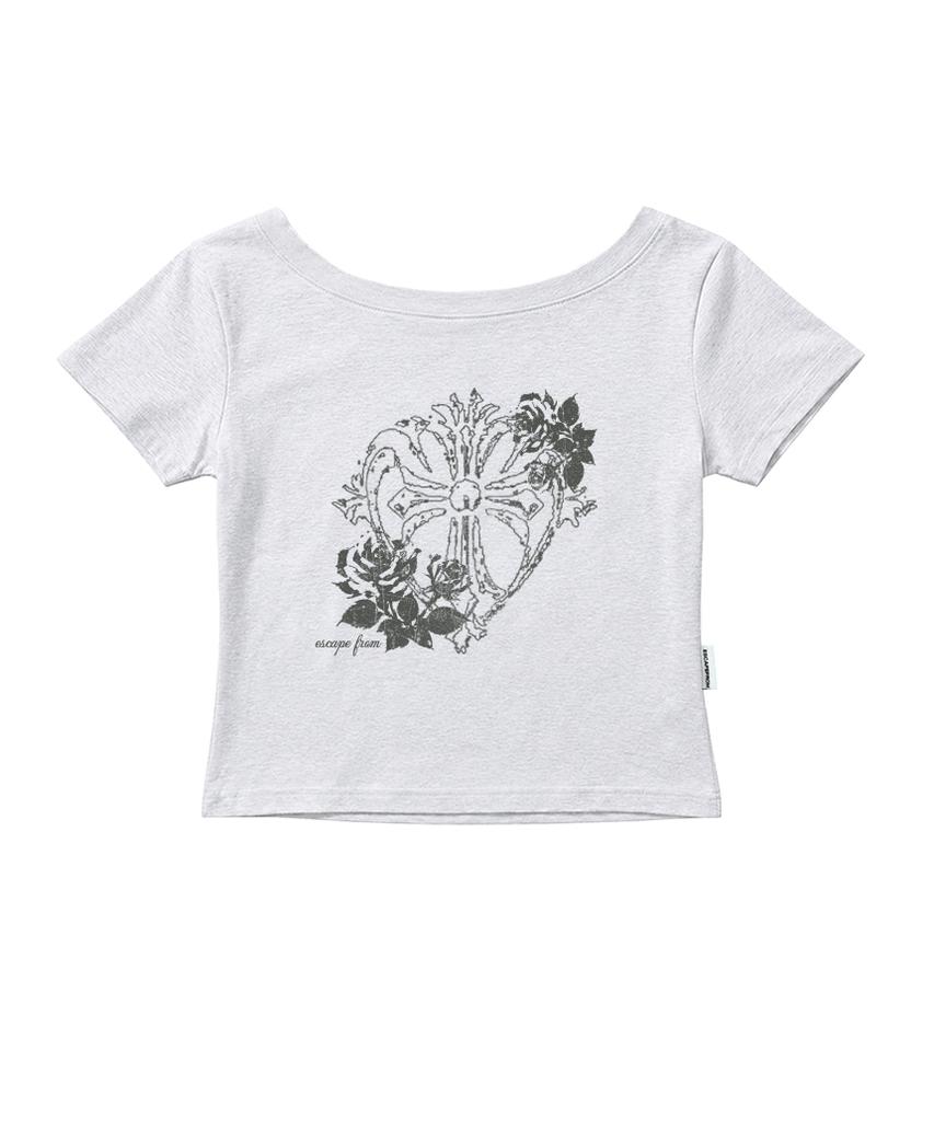 ESCAPEFROM Rose Cross Print Boat Neck Slim Fit Short Sleeve T-Shirt [7 Colors]