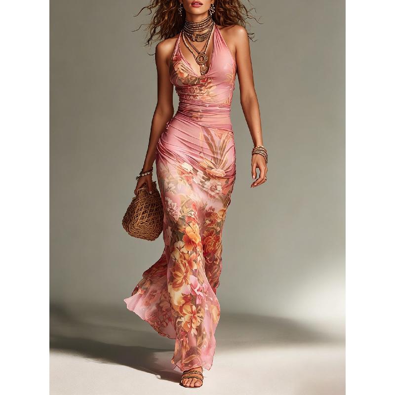 Abito Estivo Bohemien da Donna Retro Stampato Schiena Nuda con Bretelle e Fasciatura Monopezzo Orlo Ampio Stile Vacanza