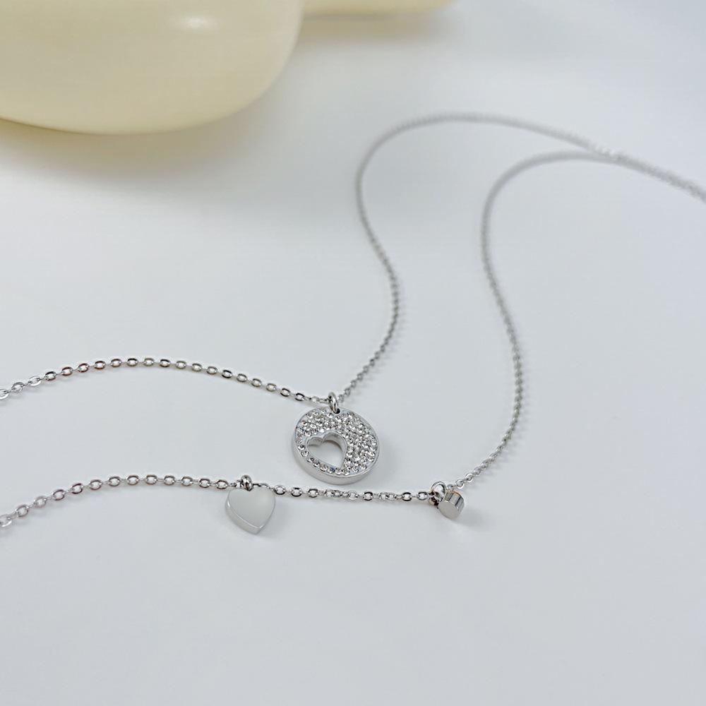 Fashion Niche Titanium Steel Double-Layer Love Versatile Stainless Steel Hollow Full Diamond Necklace Women