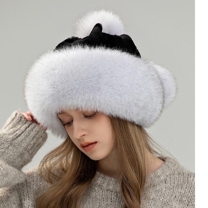 Women real fox fur hat Winter warm ear-protecting princess fur straw hat Girl outdoor thickened whole fur rex rabbit fur ski hat