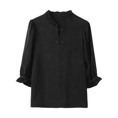 Top de Chiffon Feminino de Manga Média, Camisa de Verão Chinesa de Manga Cinco Quartos Estilo Retrô Chinês