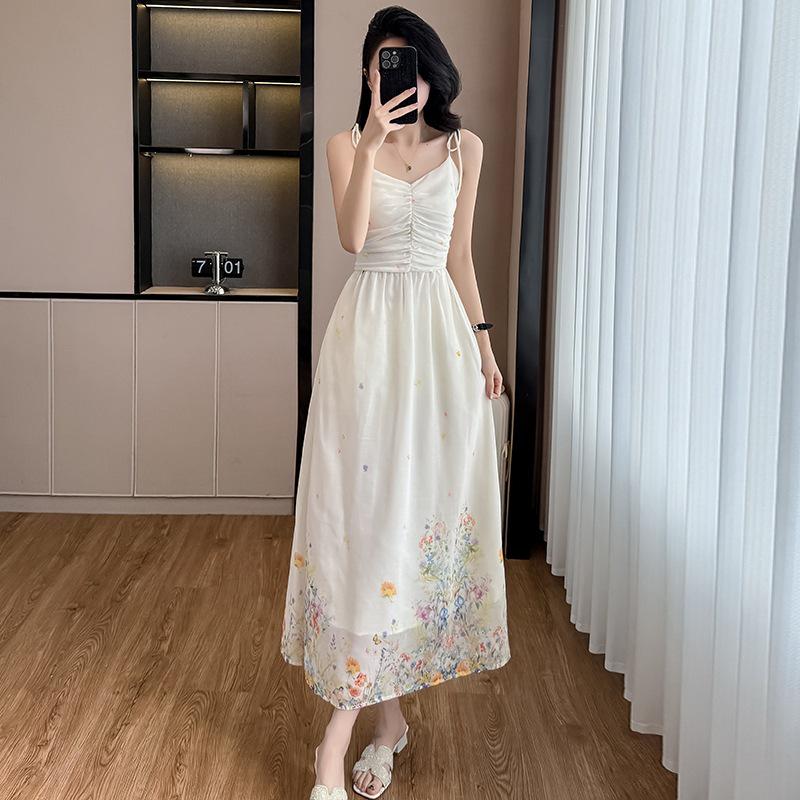 Women's Summer Spaghetti Strap Two-Piece Dress Set: Pure Style, Heavy Duty Print, Slimming Waist, Versatile Long Dress