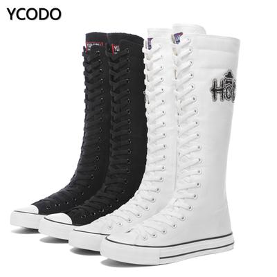 Botas de mujer para primavera y otoño, botas de lona a media pantorrilla, zapatos informales de caña alta, Botas Largas con cordones y cremallera, botas planas cómodas, talla 34-43