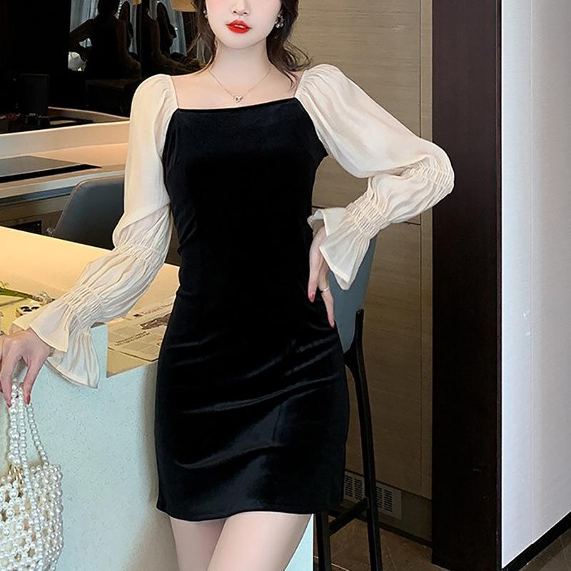 Hepburn Style Dress Women'S Spring And Autumn New Long-Sleeved French Retro Square Neck Bubble Sleeve Skirt Ins Tide