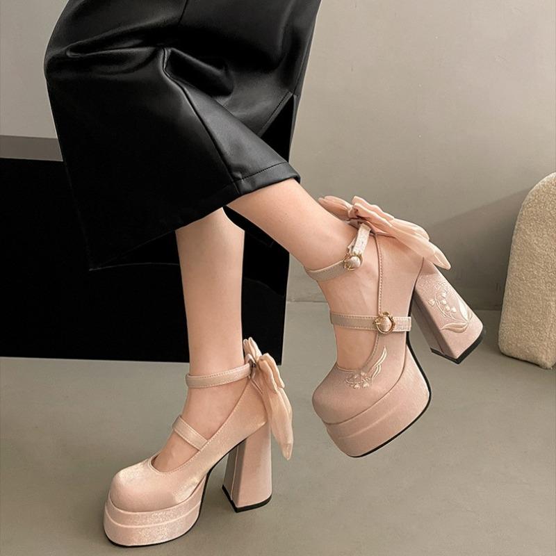 Women Lolita Pumps Elegant Silk Embroidery High Heels French Heeled Single Shoes Women's Platform Mary Jane Shoes Zapatos Mujer