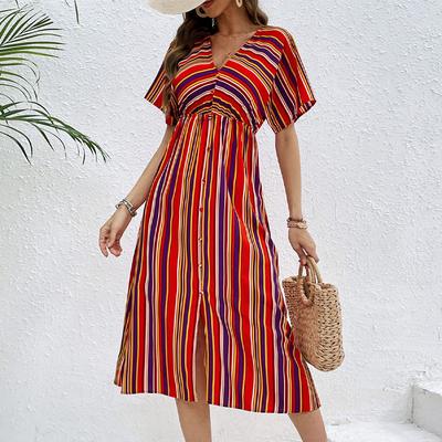 Moda damă vară primăvară dungi cu mâneci scurte cu decolteu în V talie înaltă rochii casual