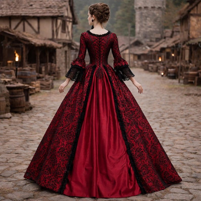 Medieval Gothic Maxi Dress for Women Renaissance Lace Square Neck Flare Sleeve Cosplay Gown