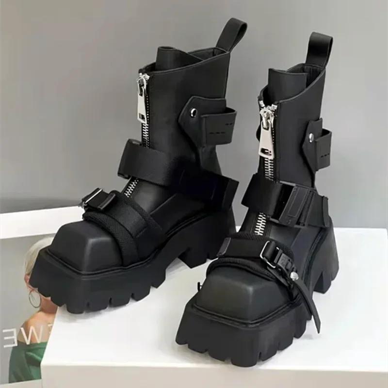 Fashion Luxury Leather Ankle Boots Women Zip Belt Buckle Strap Design Motorcycle Boots Thick Bottom Non-slip Platform Botas Para Mujer