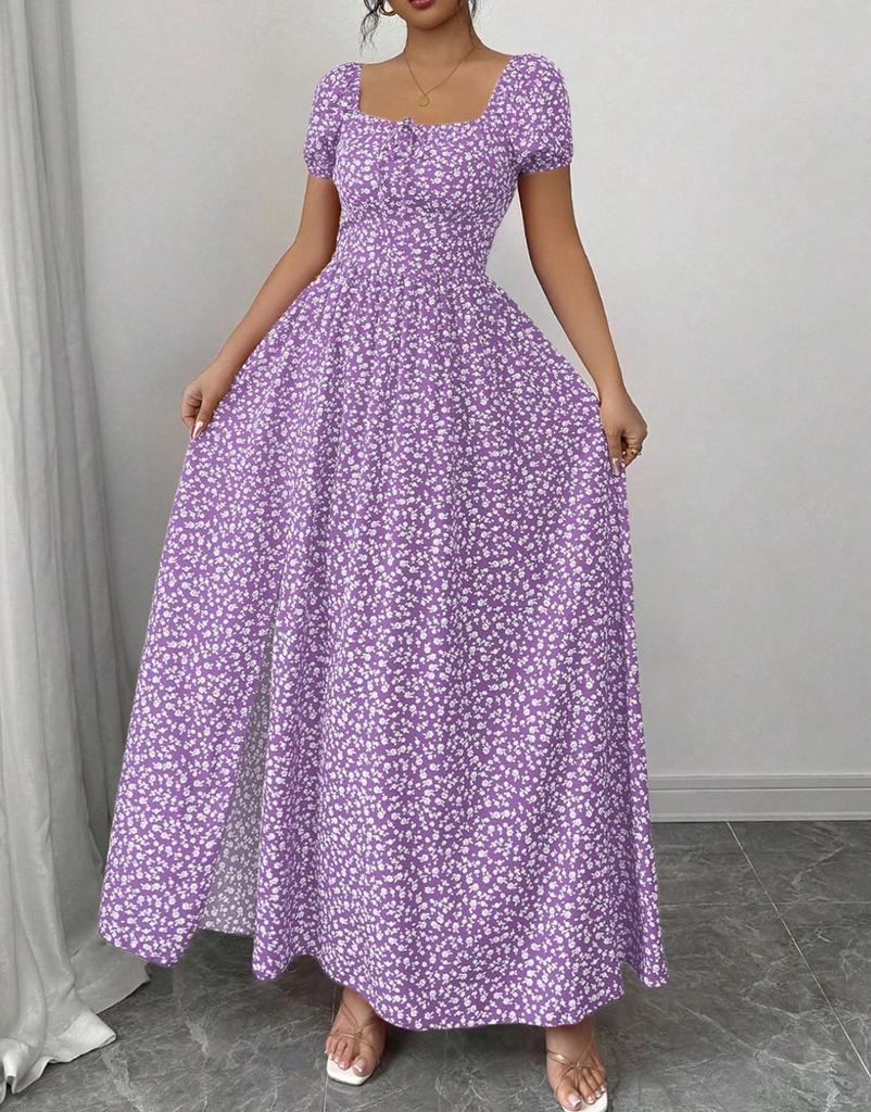 New French Puff Sleeve Printed Dress for Summer In Europe and America