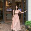 French Ruffle Leaf Edge Small Flying Sleeve Chiffon Dress Women's Spring and Summer New Korean Square Collar Temperament Pink Long Skirt