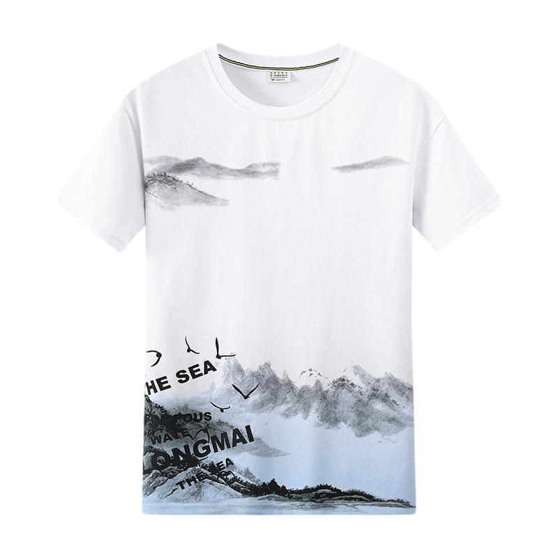 Men Chinese Style Ink Wash Painting Summer Short Sleeve Casual Street Hip Pop Style T Shirt Top