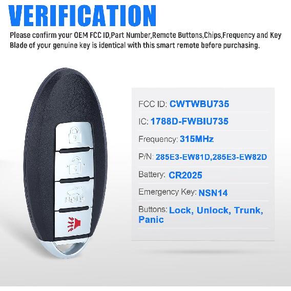 Keyless Entry Remote Smart Proximity Key Fob Replacement 4-Button for Nissan Maxima 2007-2008 for Sentra 2007-2012 CWTWBU735 285E3-EW81D 285E3-EW82D