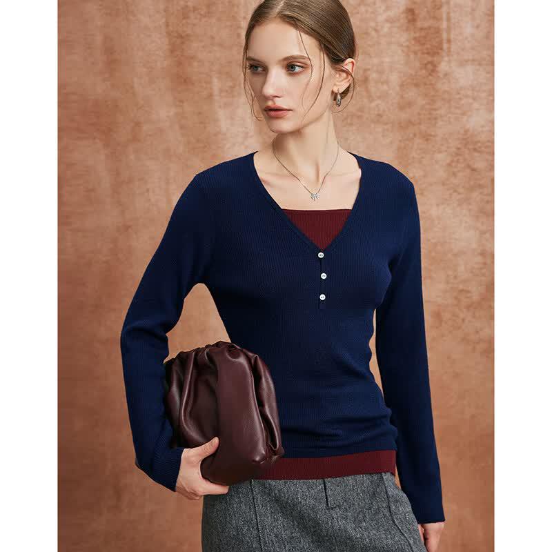 Wudao French Color Block Faux Two-Piece Knit Sweater