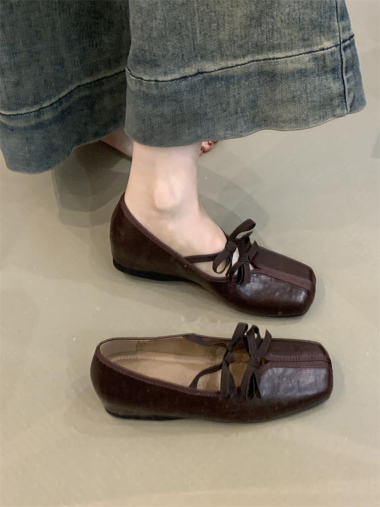 Retro Mary Jane Shoes Women's 2025 New French Temperament Double Bow Square Head Shallow Mouth Inner Height Increase Evening Shoes