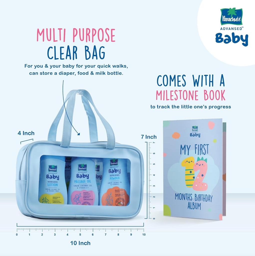 PARACHUTE Newborn Baby Gift Pack With Lotion, Oil, Shampoo, Cream & Powder | 6-In-1 Baby Essentials Kit With Travel Clear Bag | Ideal For Gifting