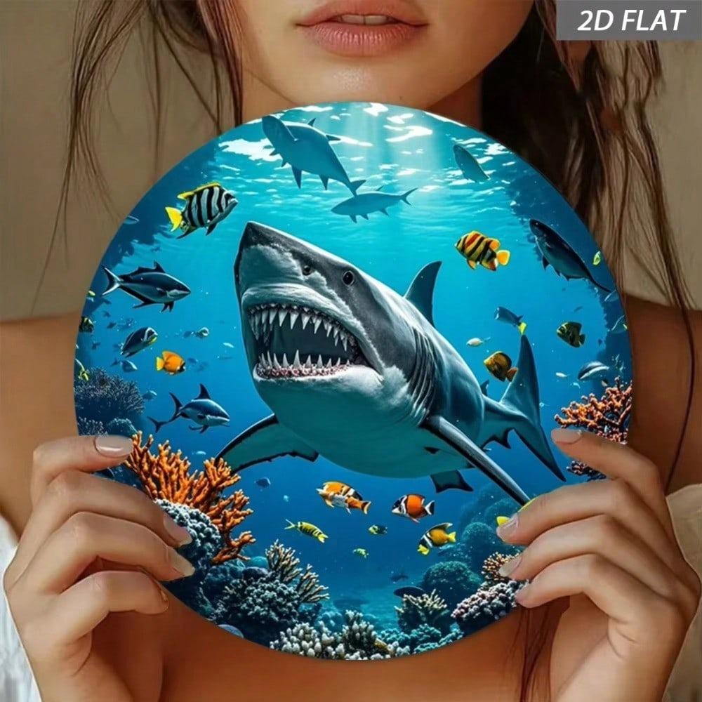Retro Great White Shark Metal Sign Ocean Scene Wall Art With Tropical Fish Coral Reef Home Decor