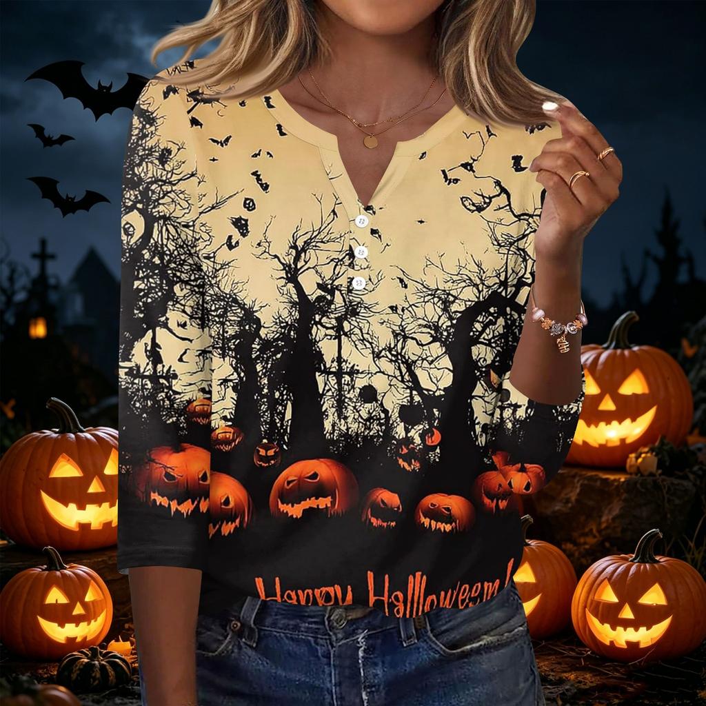 Women's Casual Halloween Print V Neck Button Three Quarter Sleeve T Shirt Top Lightweight Soft Fabric Comfortable Fit