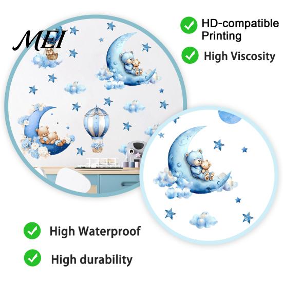Haze Blue Schlafzimmer Dekoration 2 Stück Sternenhimmel Bär Wandaufkleber, Cartoon Mond Heißluftballon Aufkleber, Baby Kinderzimmer Aufkleber Abziehen und Aufkleben Kunstdekorationen für Kinder
