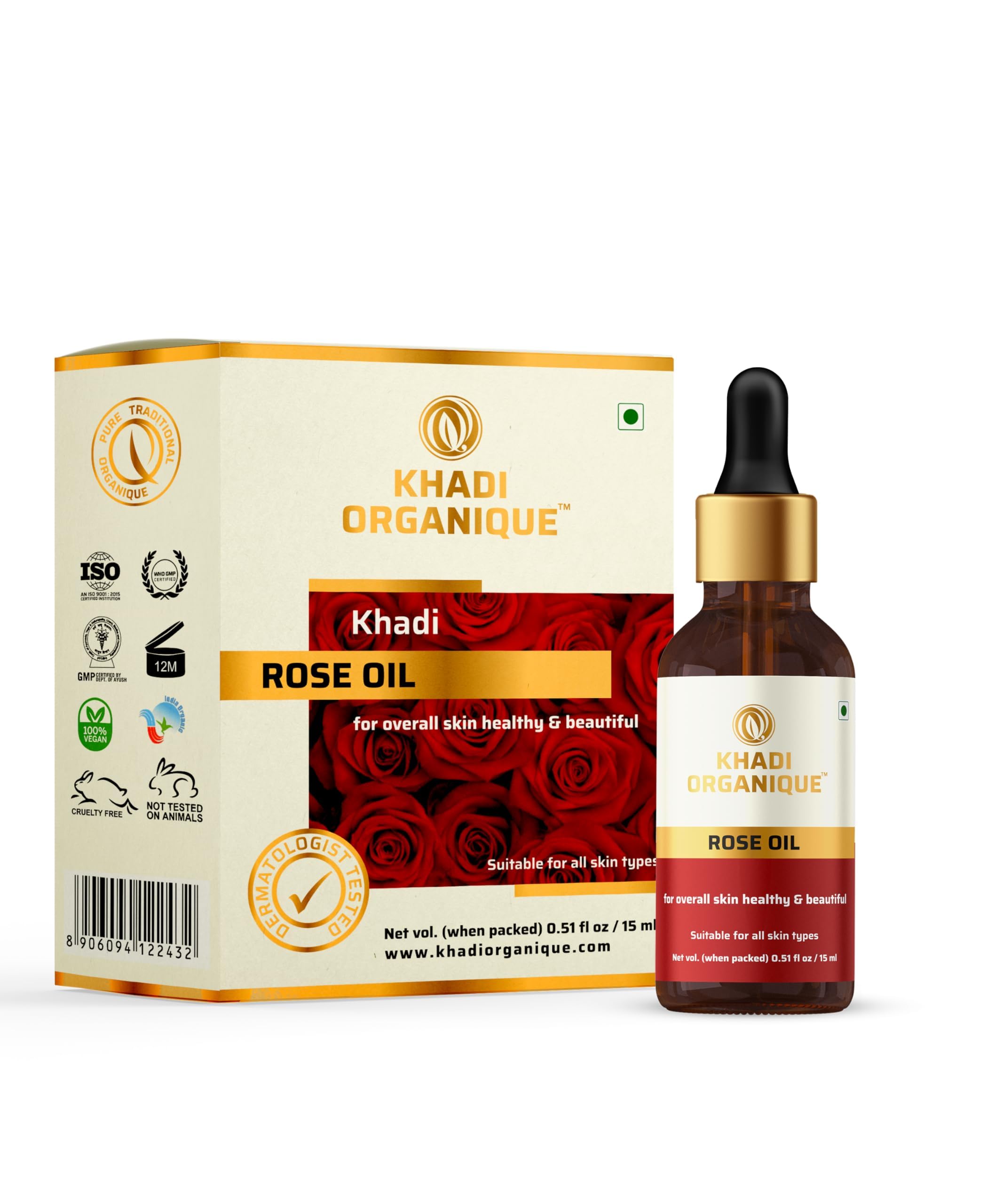 Khadi Organique Rose Essential Oil for Hair Growth, Acne & Blemishes Control | 100% Pure & Natural Oil for Skin, Body, Diffuser, Aromatherap