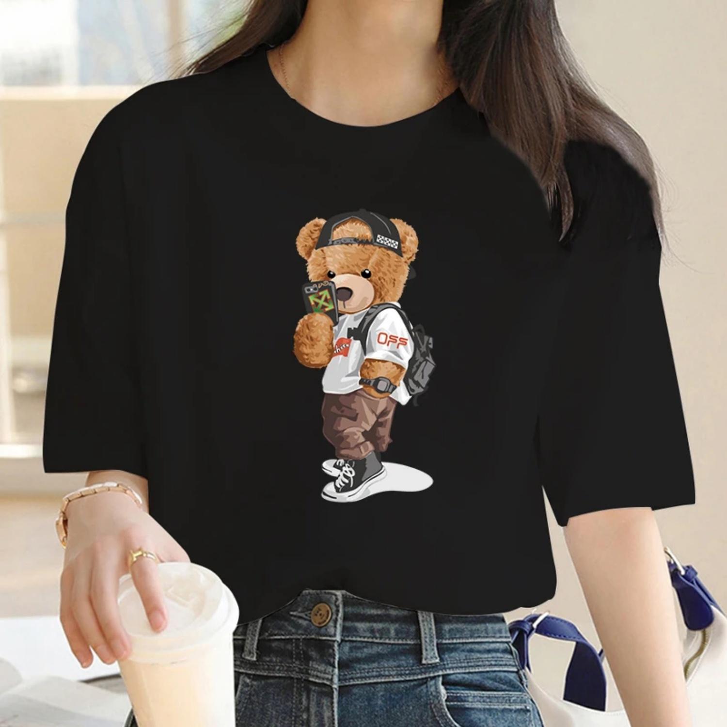 

Cute Selfie Bear Print Y2k T-shirt For Women s Summer Oversized Ladies Short Sleeved Tees Clothing Loose Pure Cotton Soft Tops S чёрный
