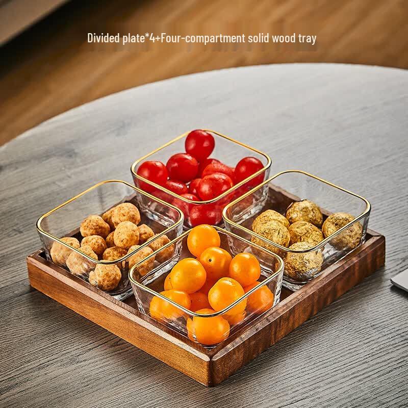 Qiwei Korean Style Walnut Wood & Glass Snack Plate