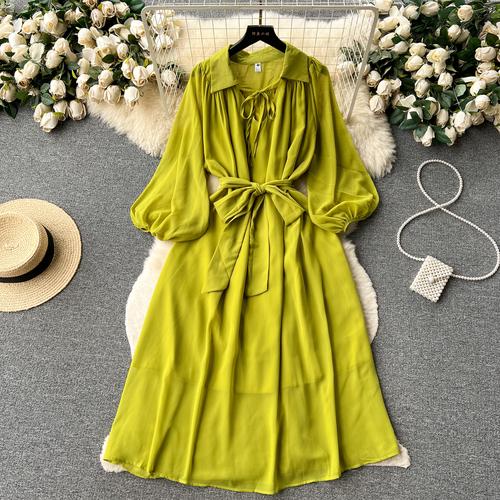 

Французские шикарные платья макси для женщин с отложным воротником и рукавами-фонариками, женское летнее платье на шнуровке, женское летнее платье трапециевидной формы, Прямая поставка One Size светло-зеленый