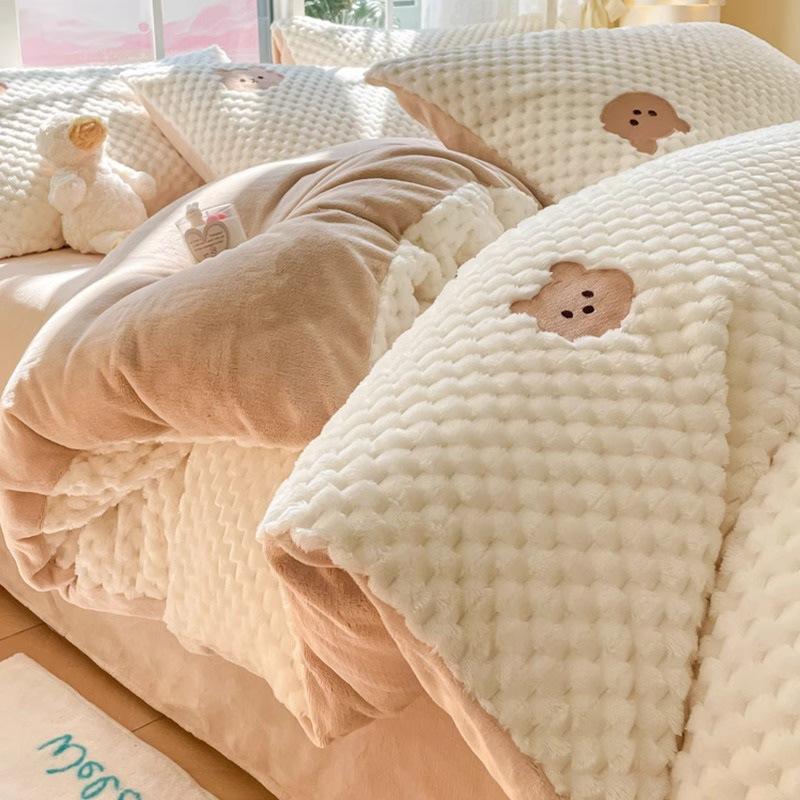 Bean Fleece Bed Four-Piece Set Thickened Milk Coral Fleece Bedding Children'S Flannel Quilt Cover Sheets