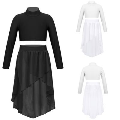 Dětské taneční kostýmy Crop Top s dlouhým rukávem a vysoce nízkou šifonovou sukní pro dětské dívky