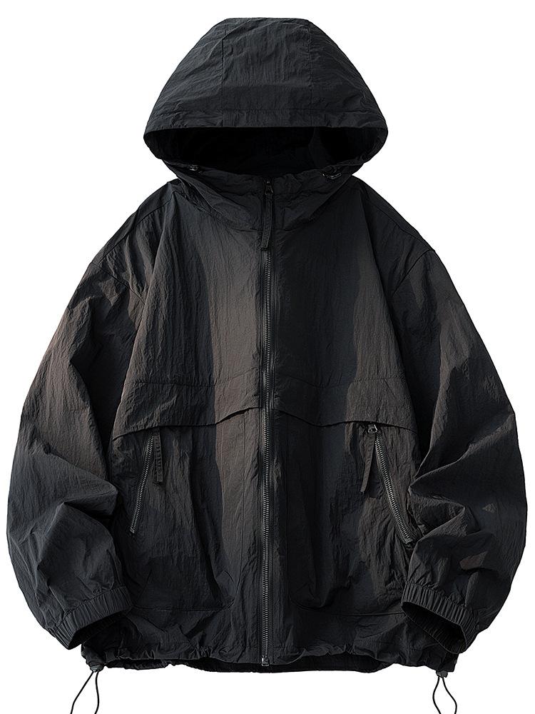 Herren Kapuzen-Sonnenschutzjacke Sommer Ultra Dünn Reißverschlusstasche Windjacke Elastische Bündchen Outdoor Wandern Angeln Hautschutzjacken