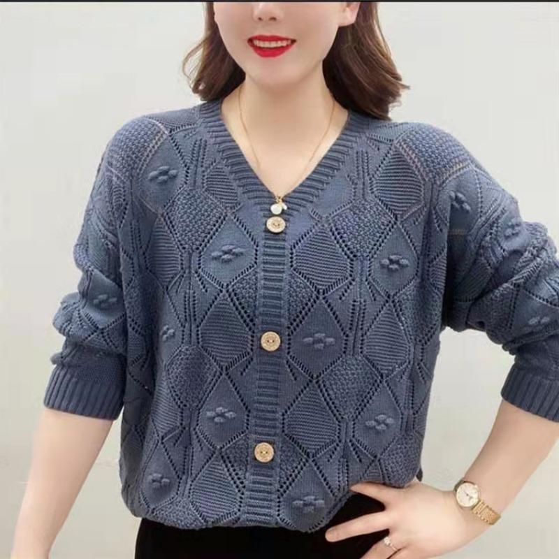 Suéter de punto de color sólido fino con cuello en V y manga larga para mujer, suéter holgado y adelgazante para primavera y verano