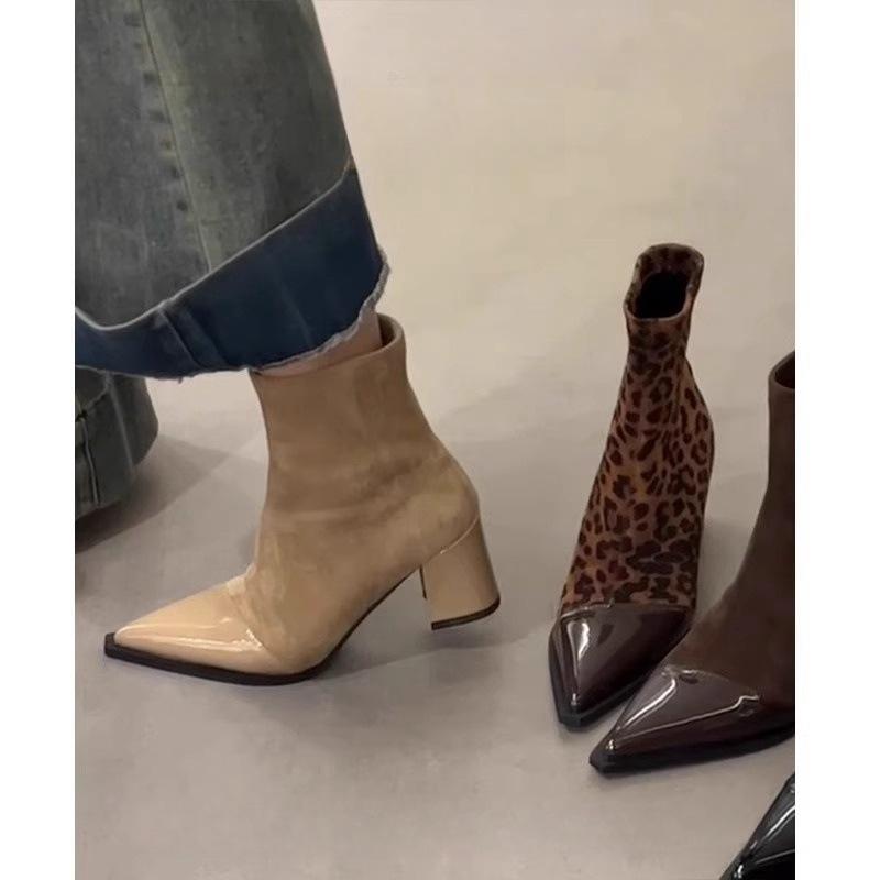 Soft leather version~ French thin elastic short boots women's small fragrant style splicing pointed thick heel thin boots high heel thin boots