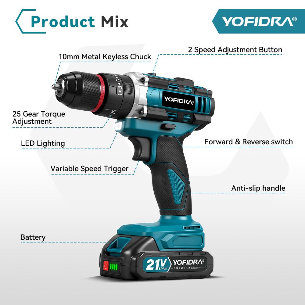 YOFIDRA 3IN1 Electric Impact Drill 25+3 Torque Handheld Cordless Impact Drill Woodworking Power Tool For Makita 21V Battery Pin