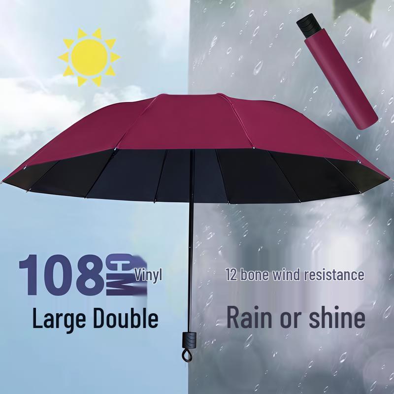 Large Dual-Use Umbrella for Sun and Rain, Manual Folding, Reinforced for Two, Black Glue Sunscreen, Suitable for Men and Women