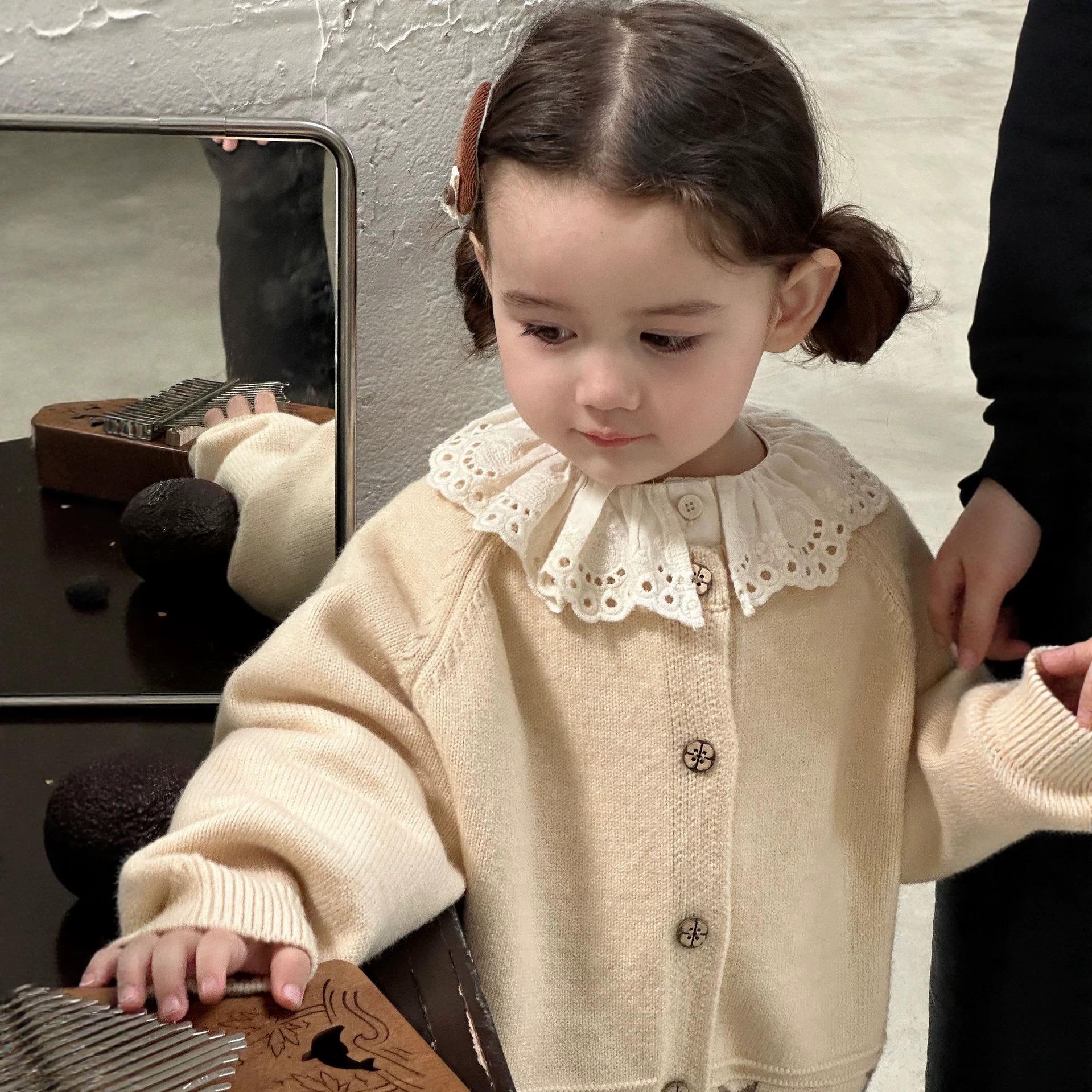 Girls  Stylish Cartoon Knit Cardigan - Autumn/Winter 2026 Korean Style Jacquard Sweater for Babies and Children 100 cm бежевый