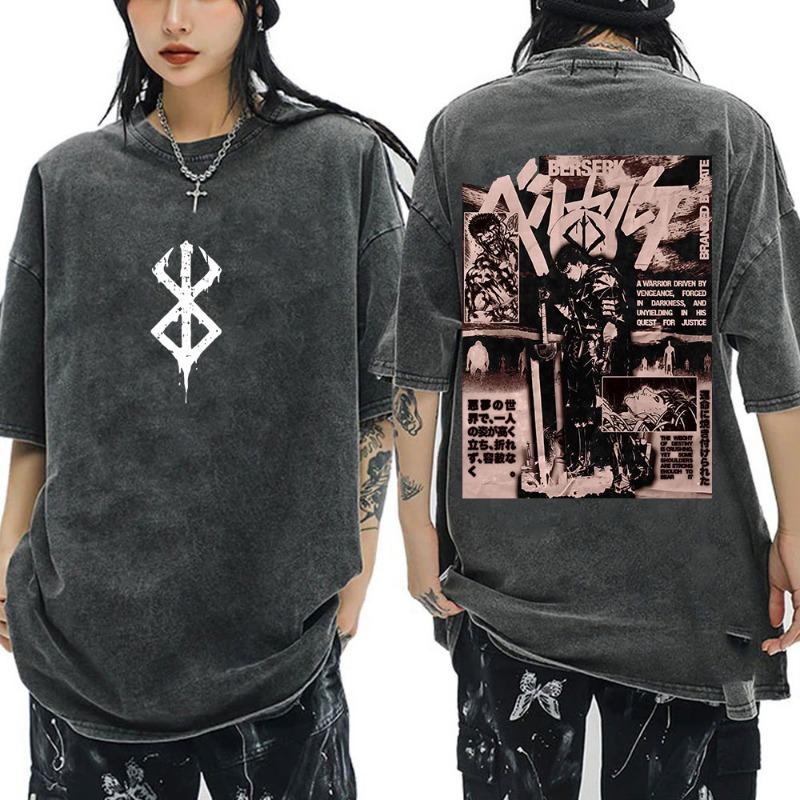 Anime Berserk Guts Vintage Washed T Shirt Manga Gatsu Griffith Zodd T-shirts Women Clothing Cotton Casual Oversized T-Shirt