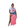 European & American Women's Sexy Fashion T-shirt and Denim Patchwork High-Waist Split Plaid Skirt Set