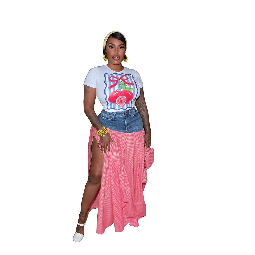 European & American Women's Sexy Fashion T-shirt and Denim Patchwork High-Waist Split Plaid Skirt Set