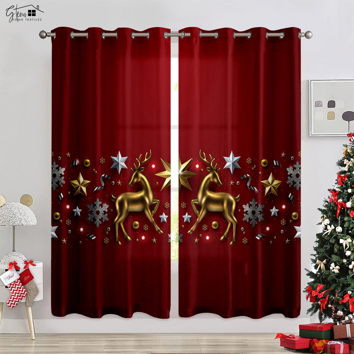

Рождественские украшения Шторы Рождественская елка Санта-Клаус Подарок Звездный лось Новогодний фестиваль 3D-печать Легко стирать Шторы W50xH160(CM)x2PCS&Grommet Top