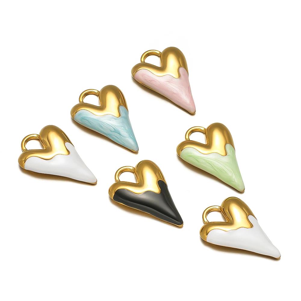 5pcs Stainless Steel Fresh Color Enamel Heart Charms Medal Pendants for DIY Jewelry Making Lovers Necklace Findings Supplies