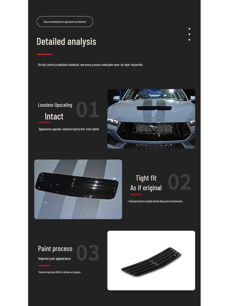 Modifizierter Motorhauben-Lufteinlass für den 2024 Ford Mustang S650 mit hohen und niedrigen Haubenaufklebern