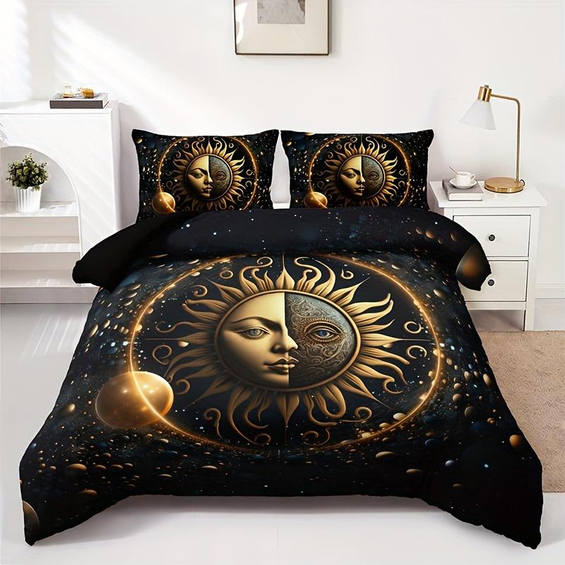 Celestial Sun Moon Stars Duvet Cover Set Golden Printed Bedding Set For Home Decor Includes 1 Duvet Cover And 2 Pillowcases